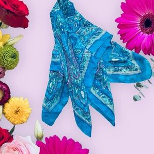 Vibrant Blue 100% Silk Paisley Sheer Traditional Square Scarf
